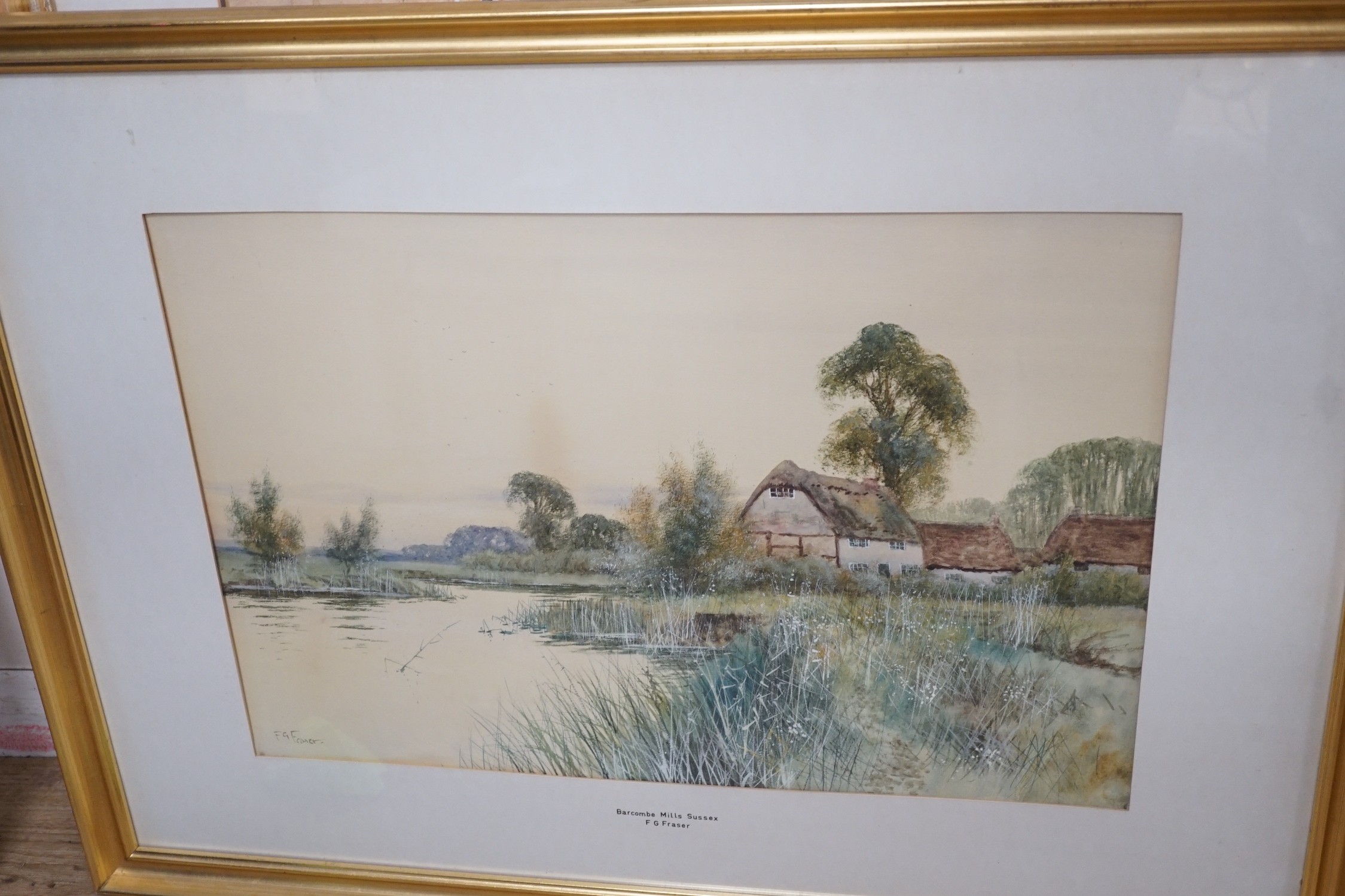 Louis Van Staaten (1836-1909), watercolour, Dutch Canal scene, signed, 34 x 52cm, a watercolour of Barcombe Mills, Sussex, by F.G. Fraser and a watercolour of The Mist Rocks, Hastings, by another hand